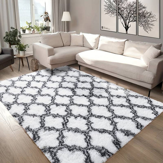 Puszysty, dywan shaggy ze wzorem w stylu nordyckim | Biały