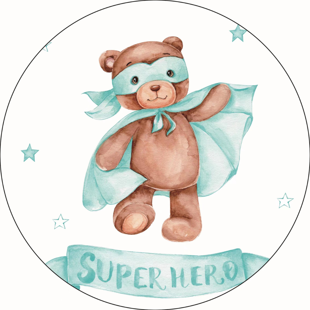 Okrągły dywan do pokoju dziecięcego z napisem "Superhero"