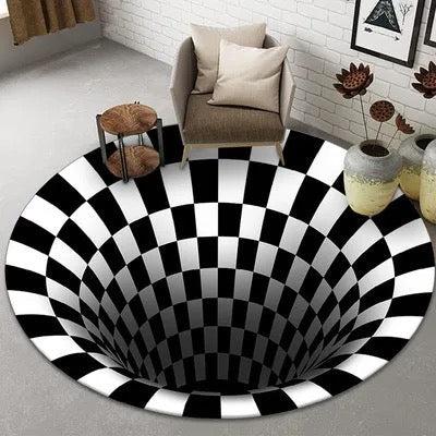 Okrągły dywan z iluzją optyczną 3D | Czarno-biały