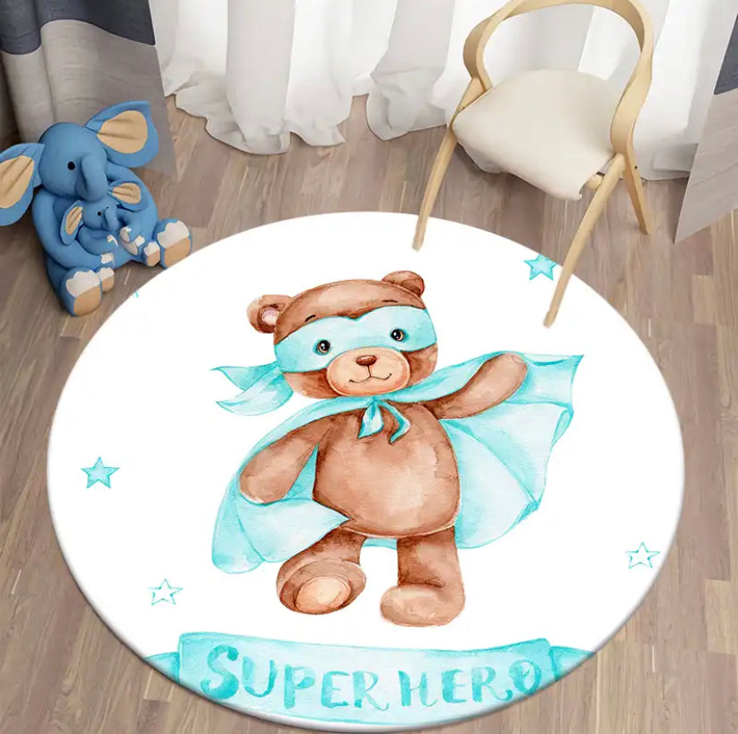 Okrągły dywan do pokoju dziecięcego z napisem "Superhero"