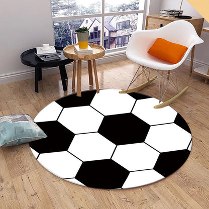 Okrągły dywan do pokoju młodzieżowego ze wzorem piłki nożnej