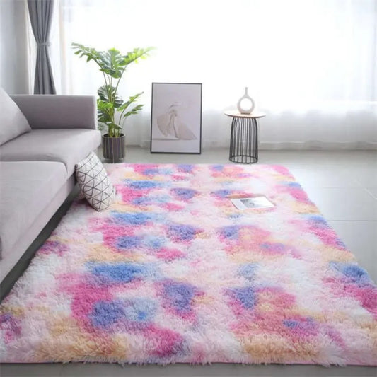 Miękki i puszysty dywan shaggy  tęczowy wzór
