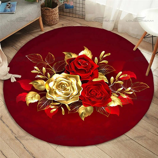 Okrągły dywan z motywem róży czerwono-złotej