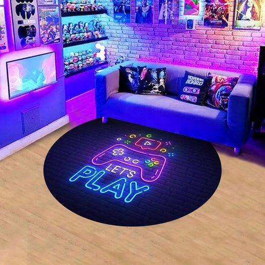 Okrągły dywan do pokoju dla gracza z napisem "Let's Play"