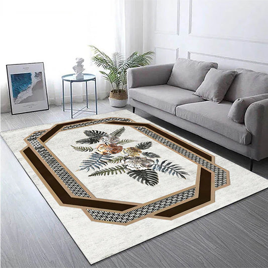 Nowoczesny bezowy dywan do salonu ze wzorem liści